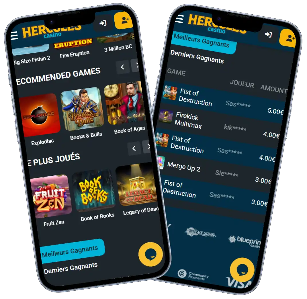 Hercules Casino interface mobile avec jeux et gagnants récents