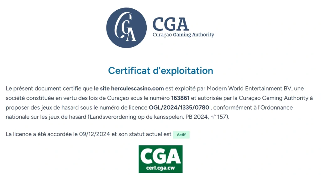 Hercules Casino certificat de licence de la Curaçao Gaming Authority