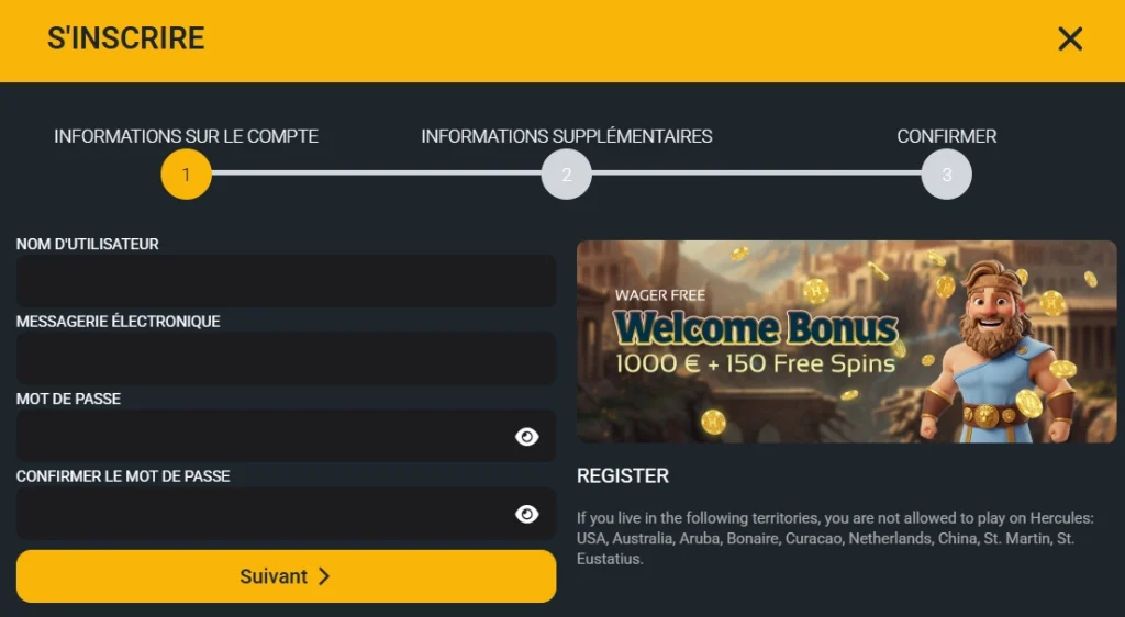 Hercules Casino formulaire d'inscription et création de compte