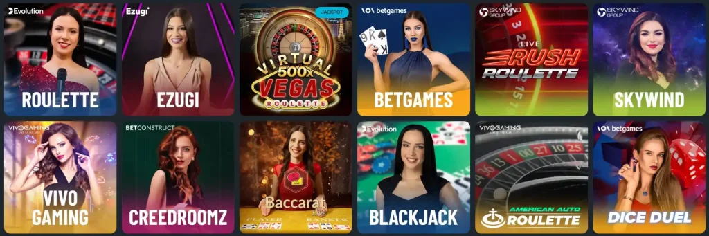 Hercules Casino sélection de jeux de casino en direct avec roulette, blackjack et baccarat